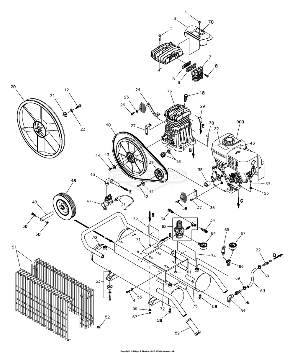 Main Unit Diagram and Parts List for 074002-0  Briggs and Stratton Compressor